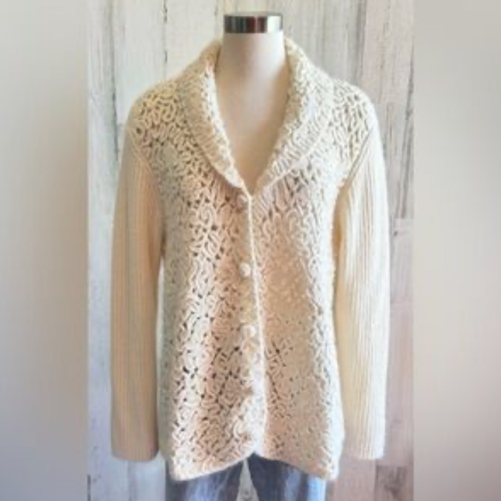Vtg Crochet Fisherman Coldwater Creek Wool Knit Cardigan Sweater Cottagecore Med - Picture 3 of 12